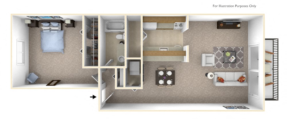 Floor plan for 1 bed, 1 bath, 630 sqft